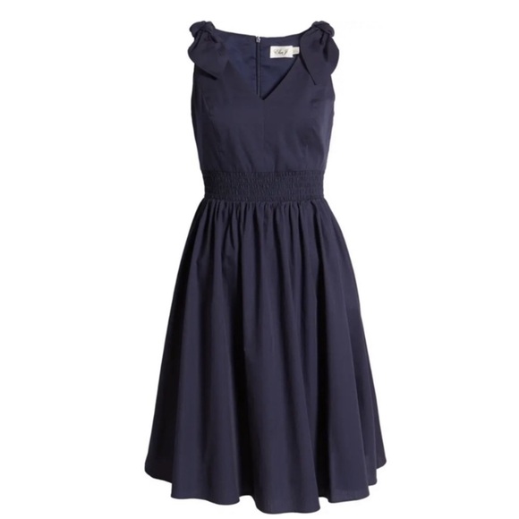 NWT Eliza J Smocked Cotton Dress In Navy with Bow Straps - Picture 2 of 10